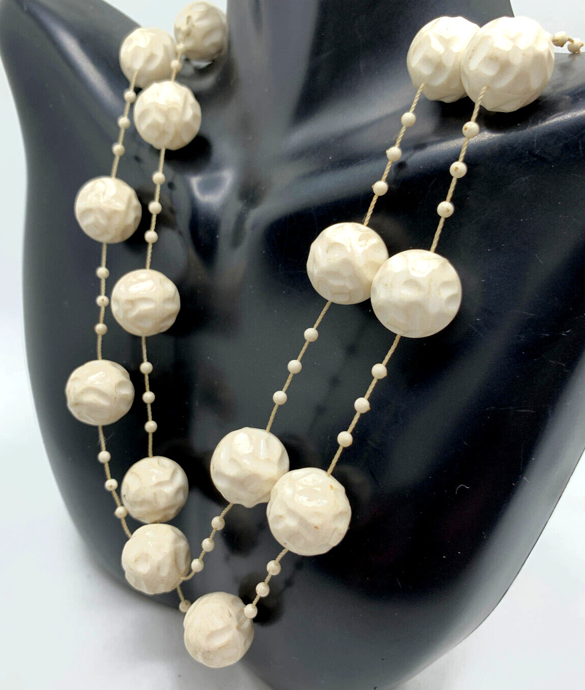 Unique Vtg 1960s 2 Strand Cream Old Plastic Textured Bead Station Necklace