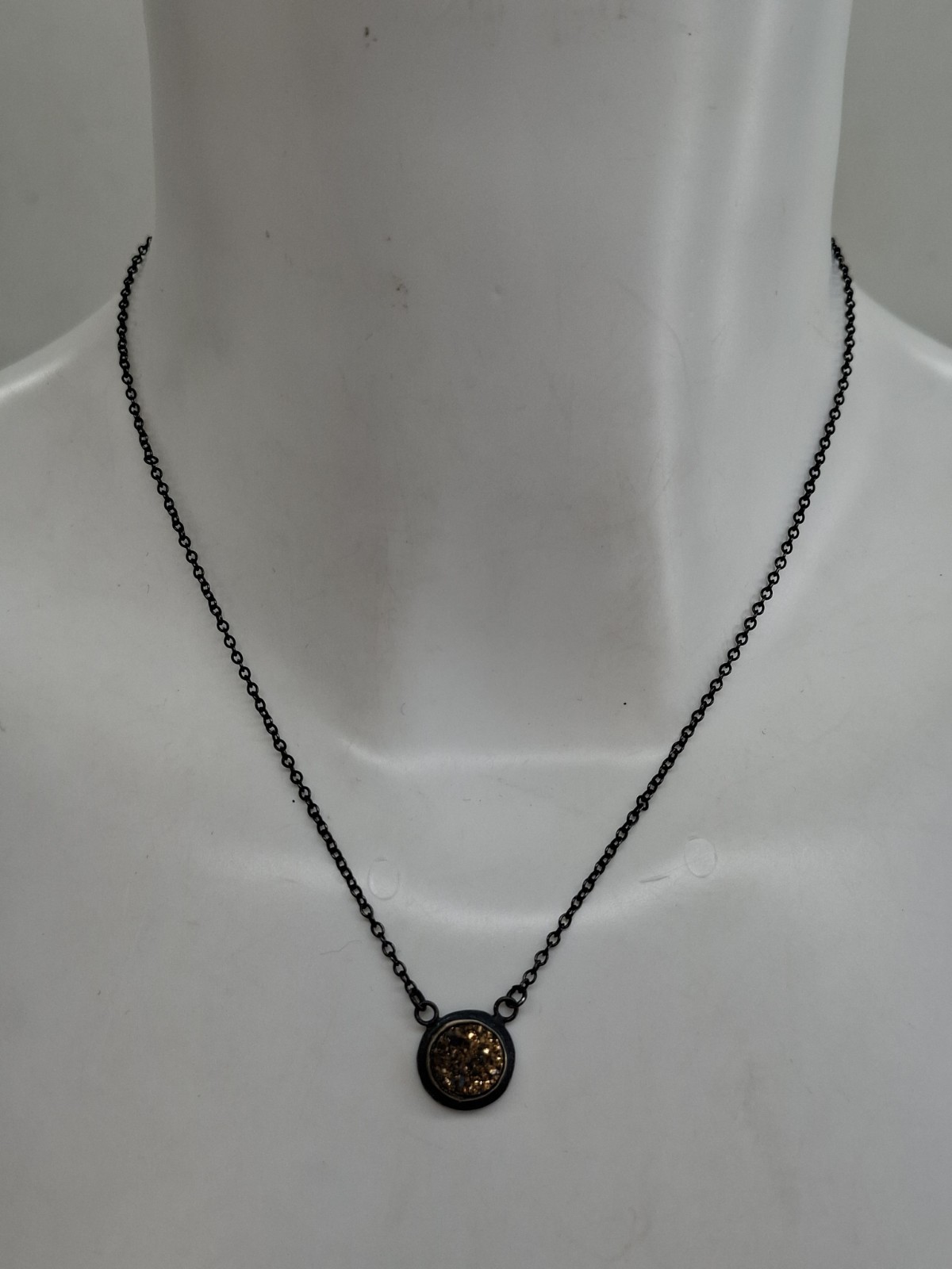 Silver Necklace Druzy Quartz Round Pendant Oxidised 925 Cable Chain 40 cm
