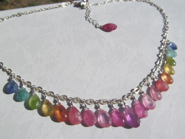 A+ Sri Lanka RAINBOW SAPPHIRE faceted briolette beads Sterling Silver Necklace