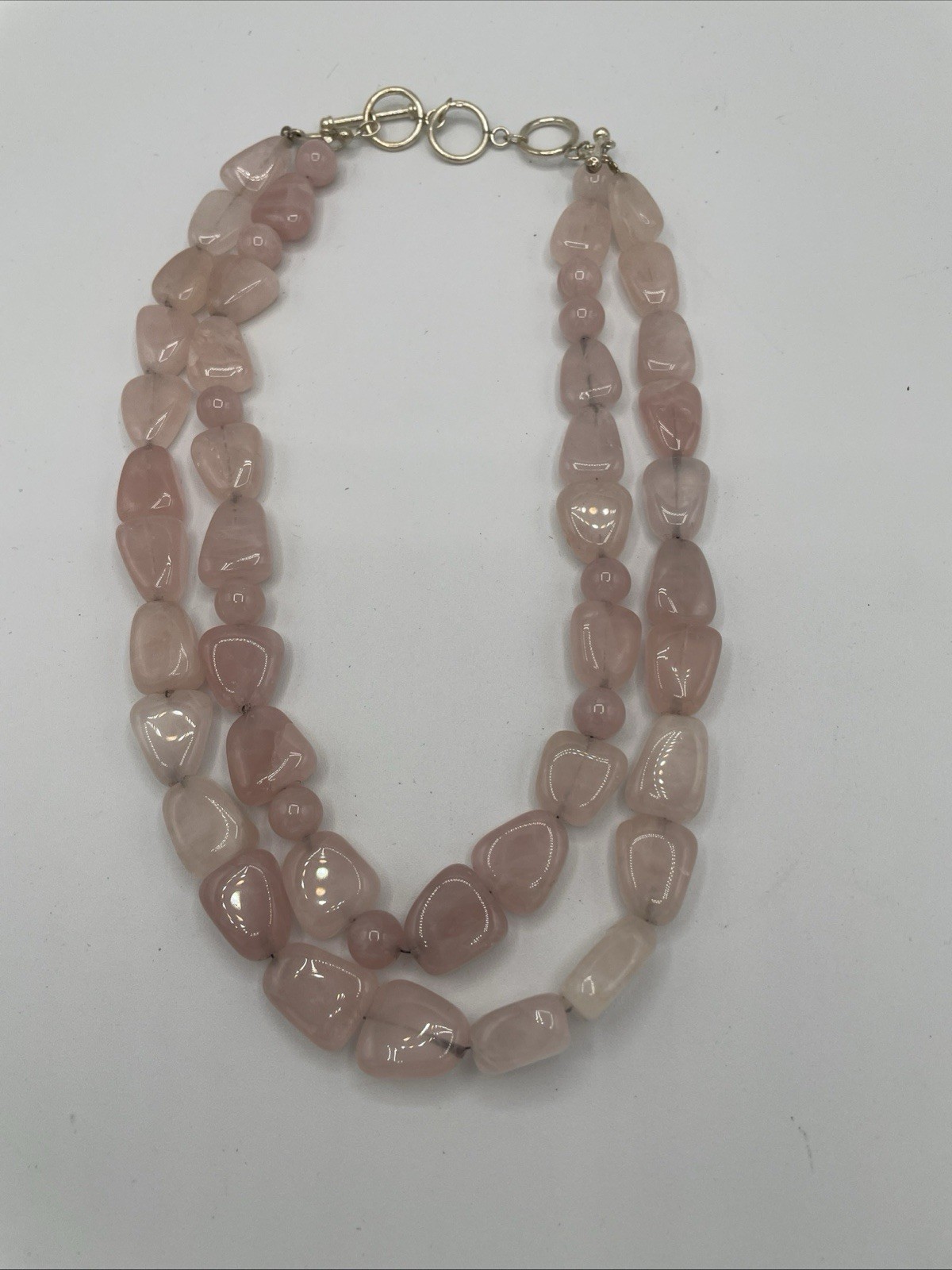 Rose Quartz Necklace Double Strand Crystal Chunky Bead Choker Sterling 925