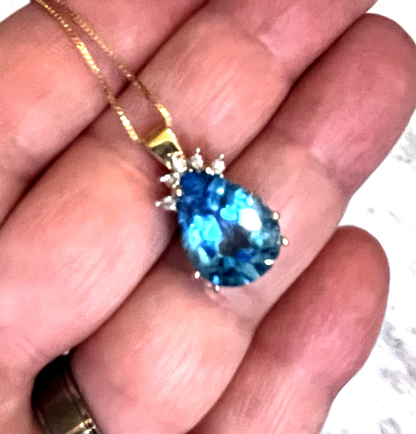 Estate 14k Solid Gold Blue Topaz Necklace Teardrop Pendant 8.3ct Diamond Accents