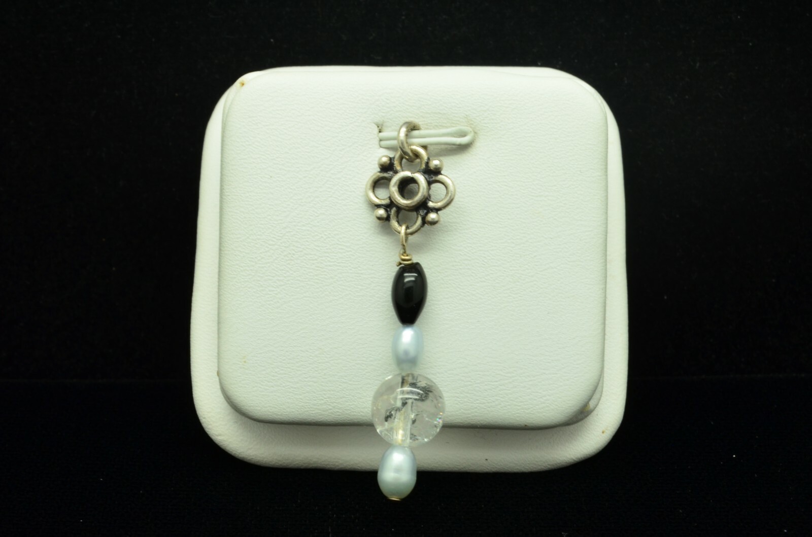 STERLING SILVER BEADED PEARL, ONYX, PLASTIC DANGLE PENDANT #FMP802