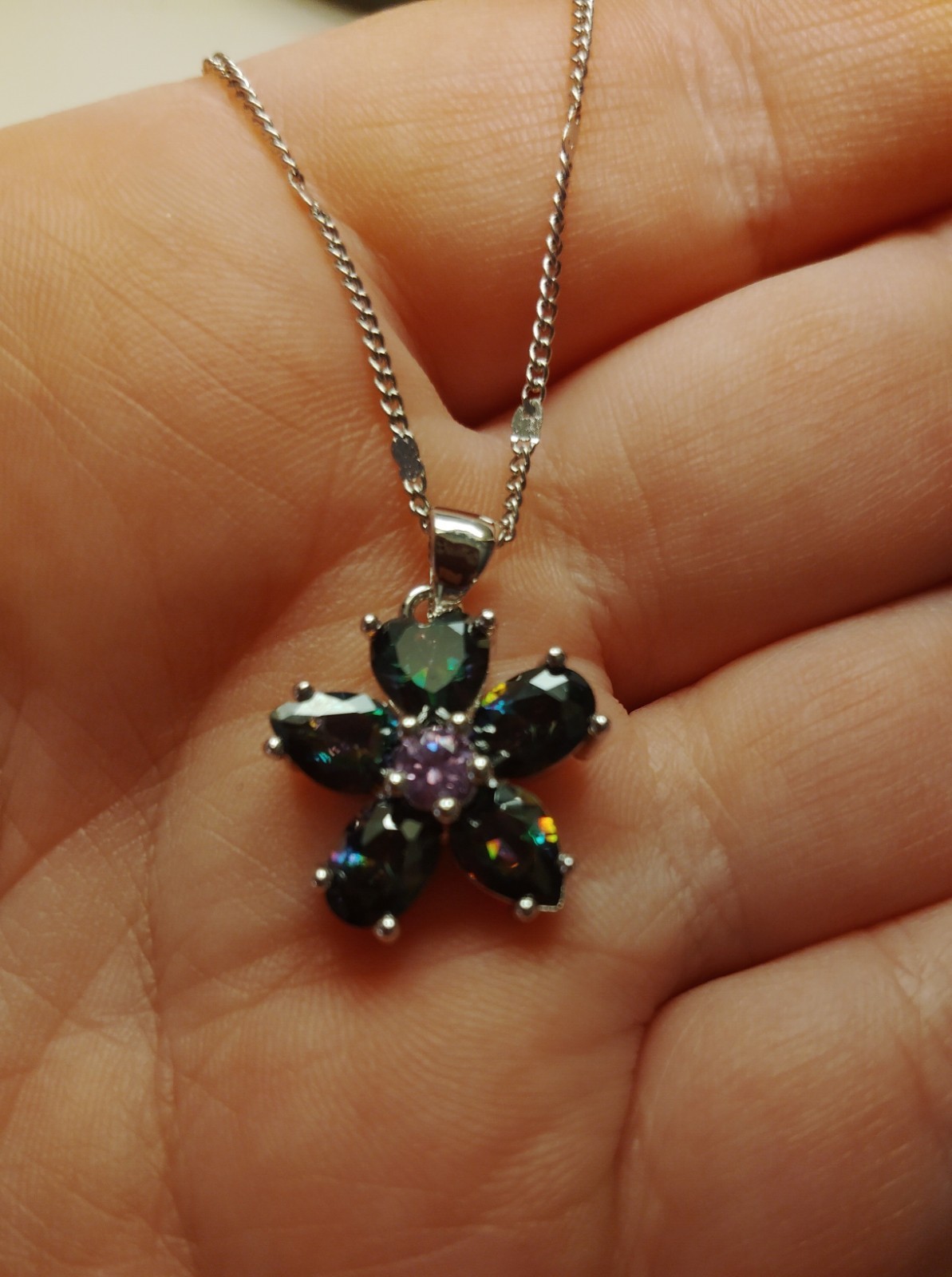 Sterling Silver 925 Mystic Topaz/Amethyst Heart Cut Flower Pendant Necklace Set!