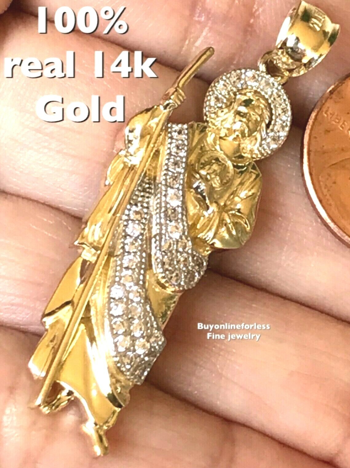 GOLd 14k st Saint Jude San Juda Pendant solid cz necklace oro fine 1.85″