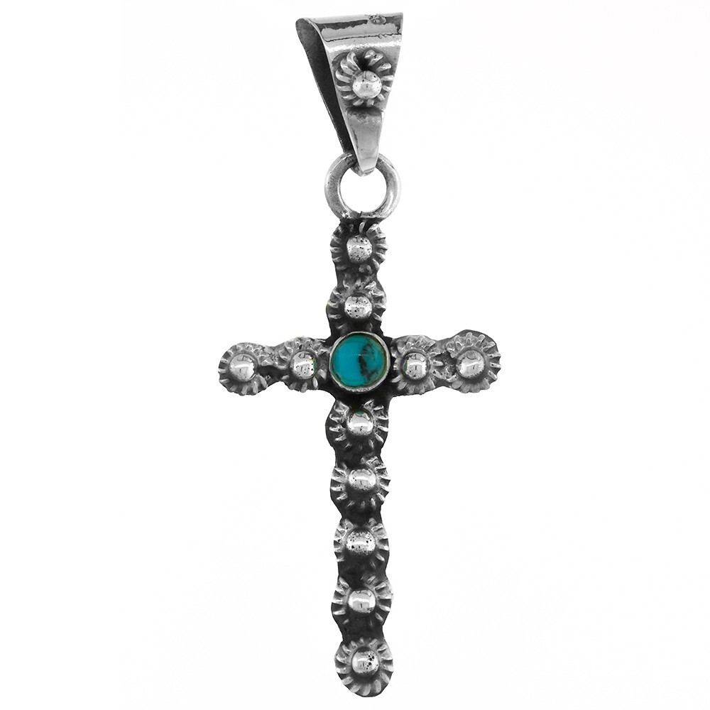 925 Sterling Silver Turquoise Bead Floral Cross Pendant 1 1/2 Inch (38mm) Tall