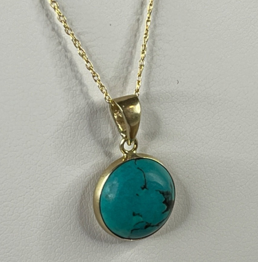 1970’s Vintage 14K Gold Robin’s Egg Turquoise Pendant & 10K Rope Chain Necklace