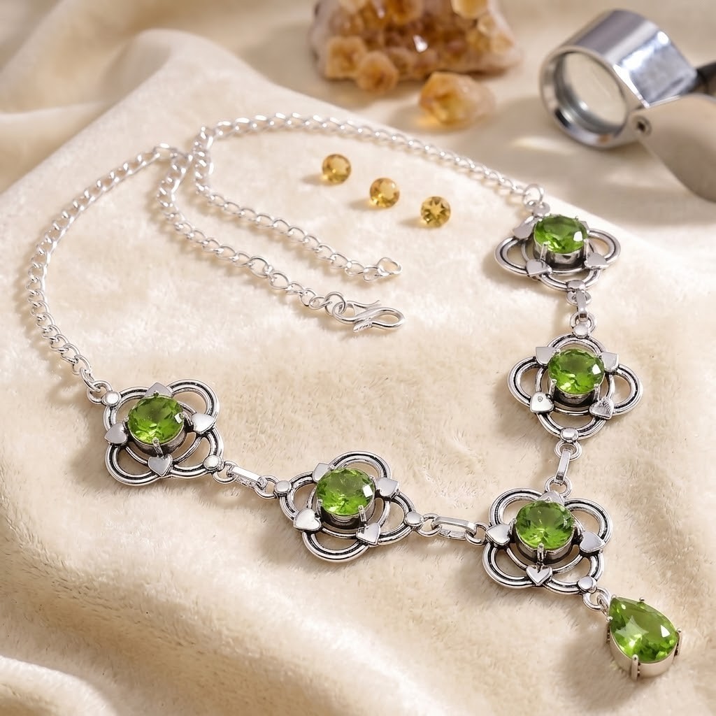 Green Peridot Gemstone 925 Sterling Silver Jewelry Necklace Size-17-18″