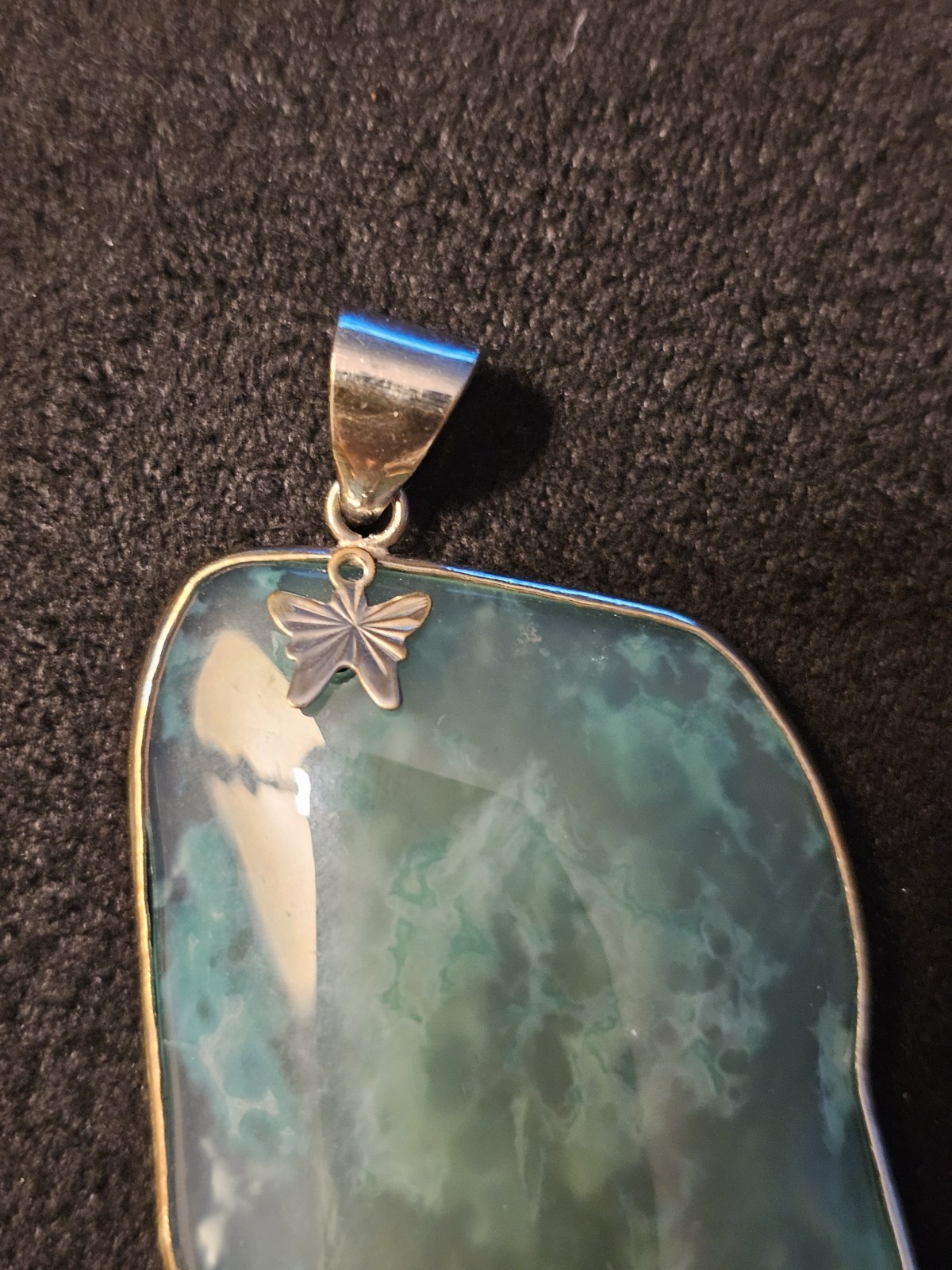 925 Sterling Silver Green Jade Freeform Pendant Bezel Set Butterfly Signed