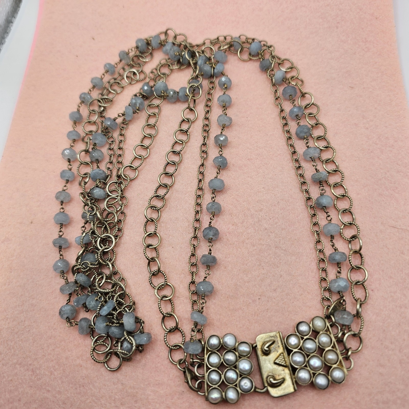 Safia Aquamarine Necklace Vintage 925 multi chain Box pearl fold over clasp 36″