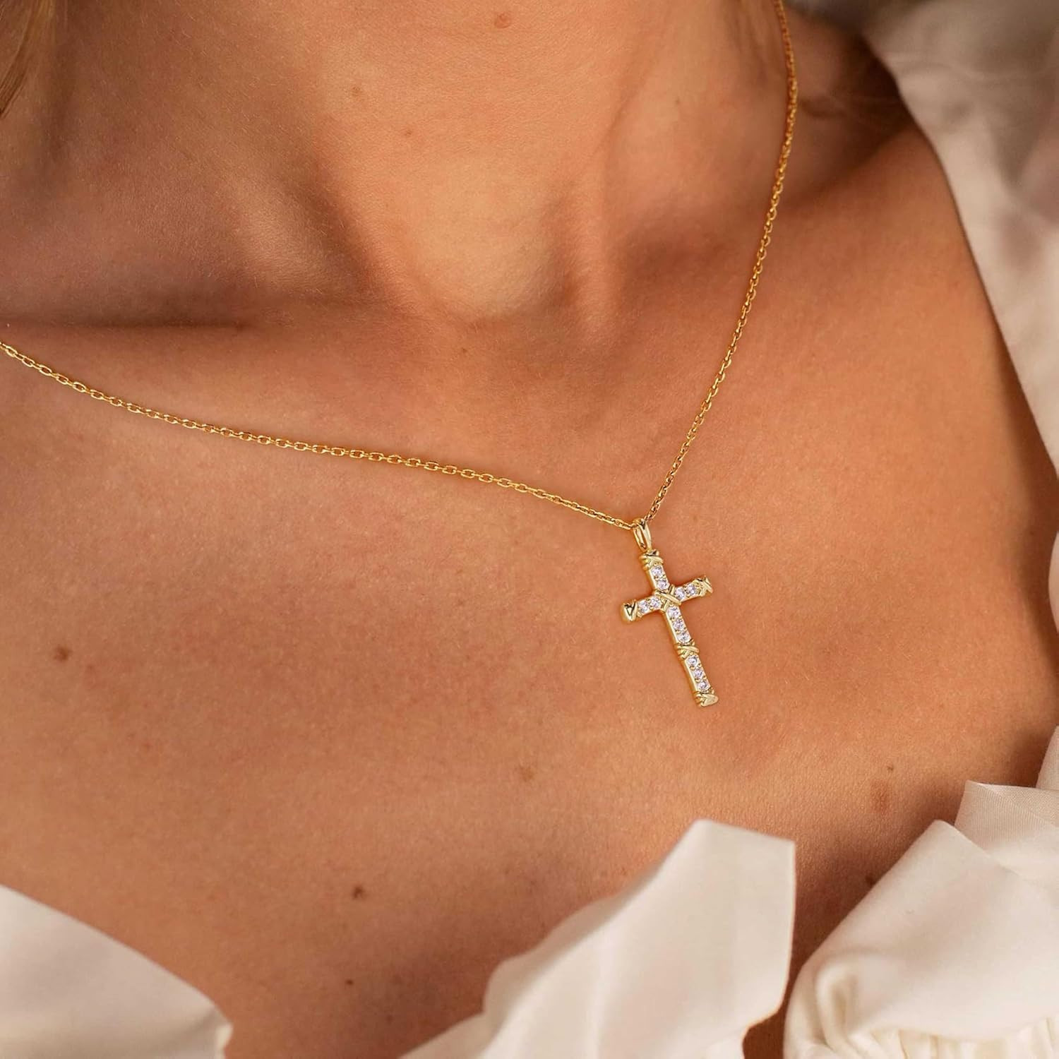 14K Gold Cross Necklace for Women,Gold Filled Sterling Silver Cross Necklace CZ