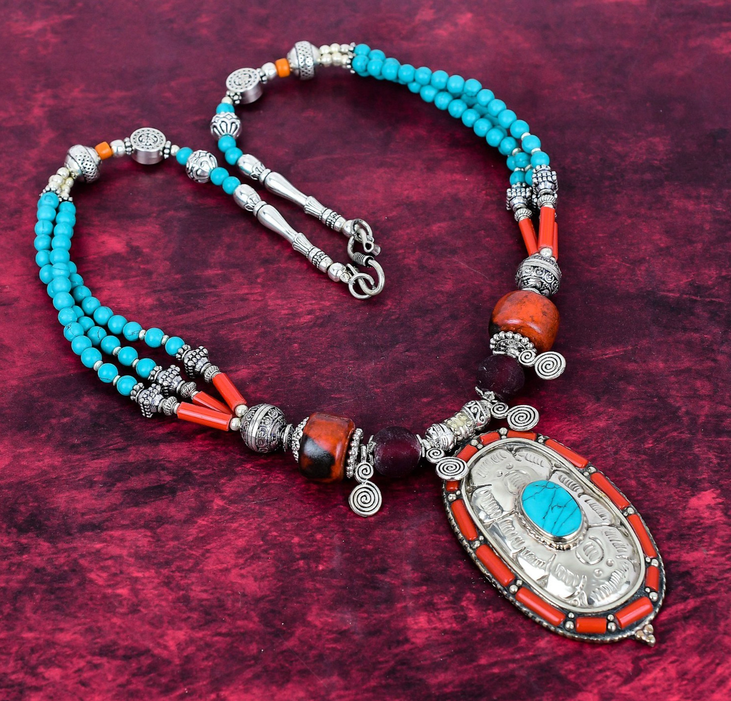 Turquoise & Red Coral Gemstone Handmade Jewelry 925 Solid Silver Nepali Necklace