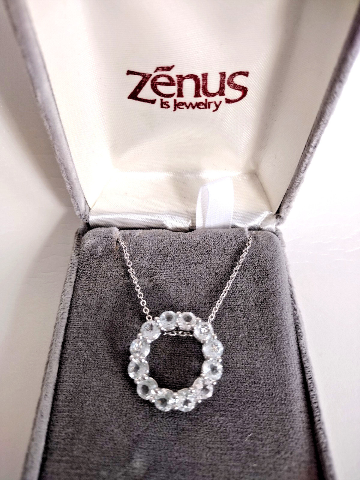 Vintage Sim Diamond White Topaz Circle Necklace Gem Tested in Box Silver Tone