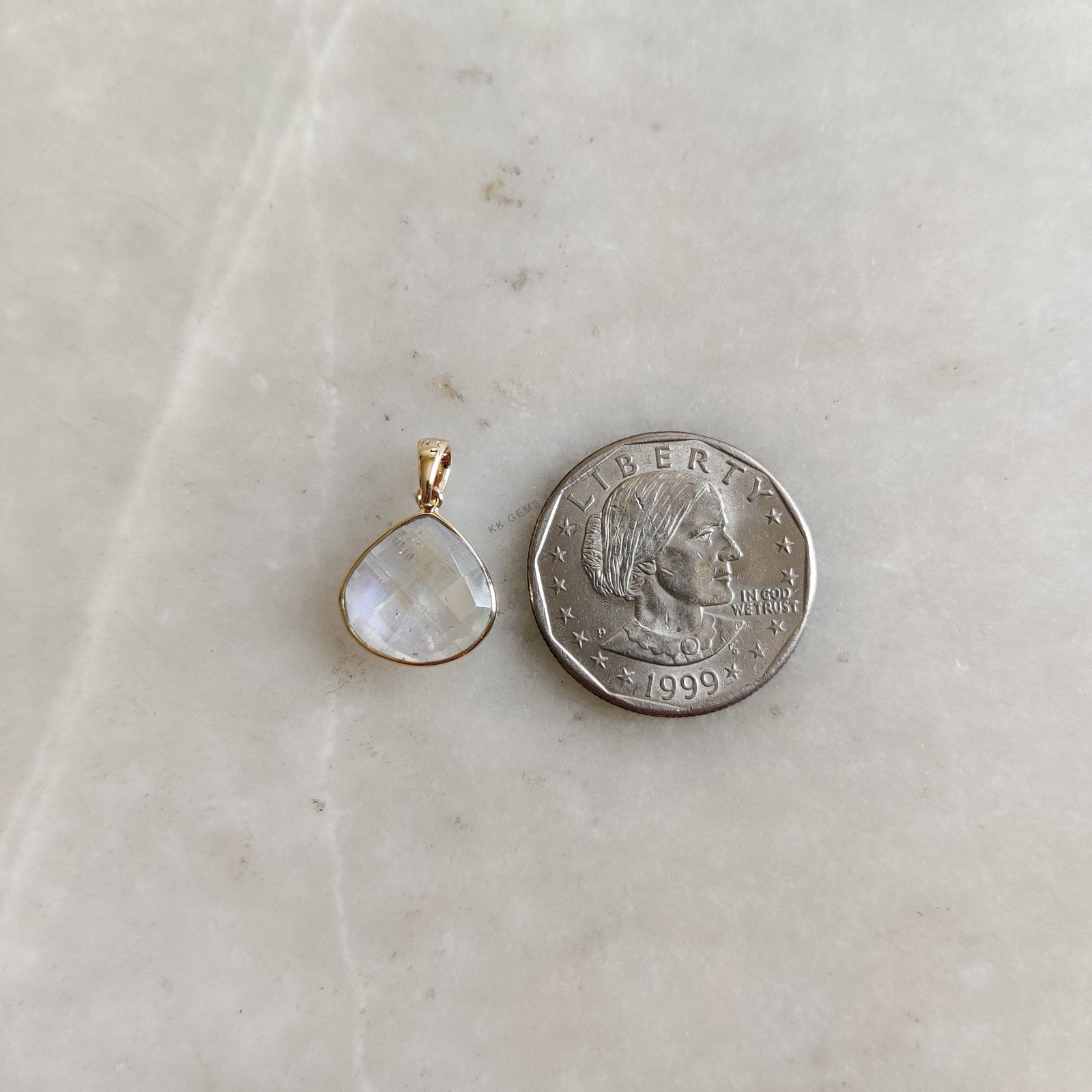 5.80 Ct Natural Rainbow Moonstone Pendant 14K Gold Bezel June Birthstone Gift