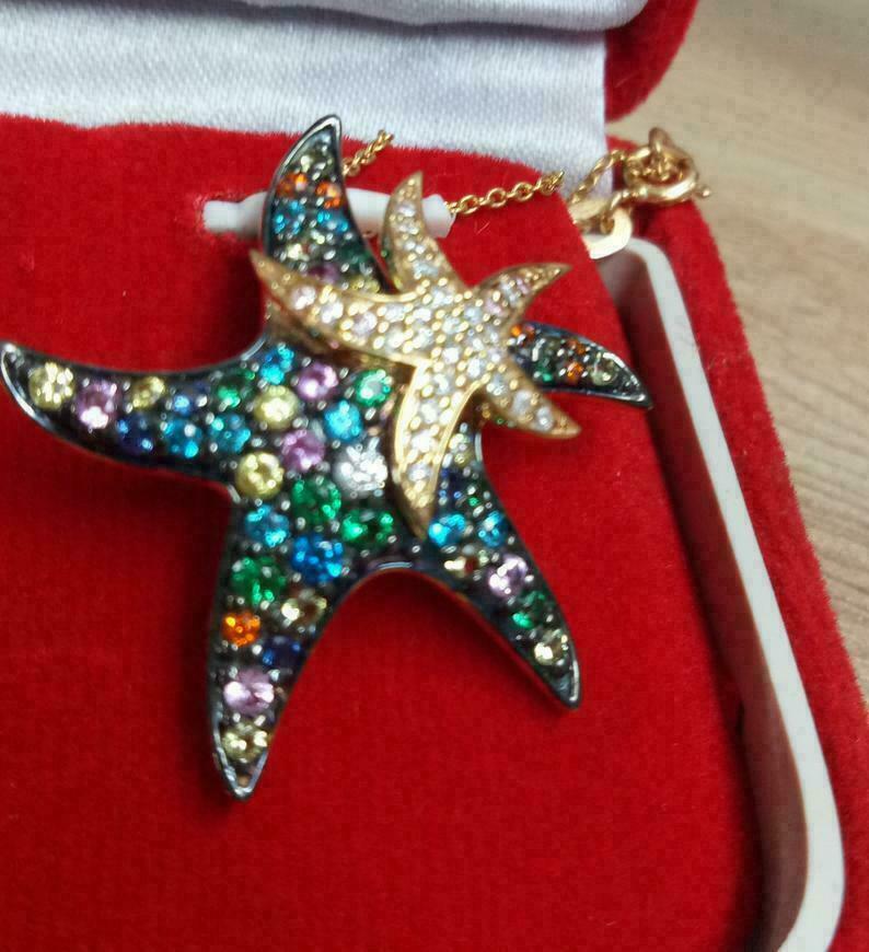 2CT Multi Sapphire Lab Created Starfish Pendant Necklace 14k Yellow Gold Plated