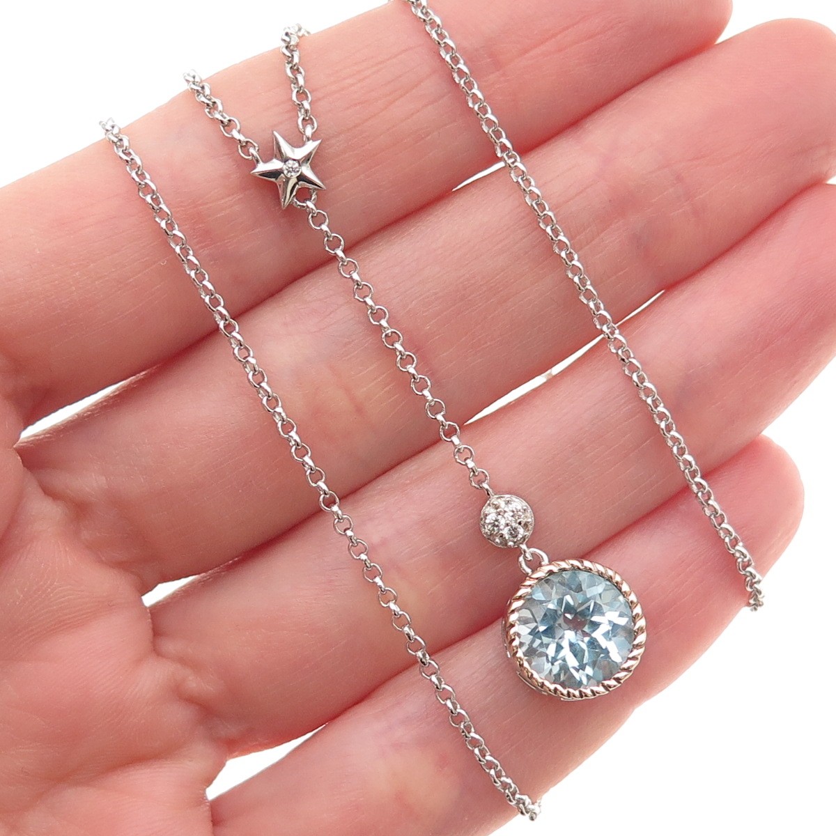 925 Sterling 14K Gold ATR Real Blue & White Topaz Lariat Chain Necklace 16-18″