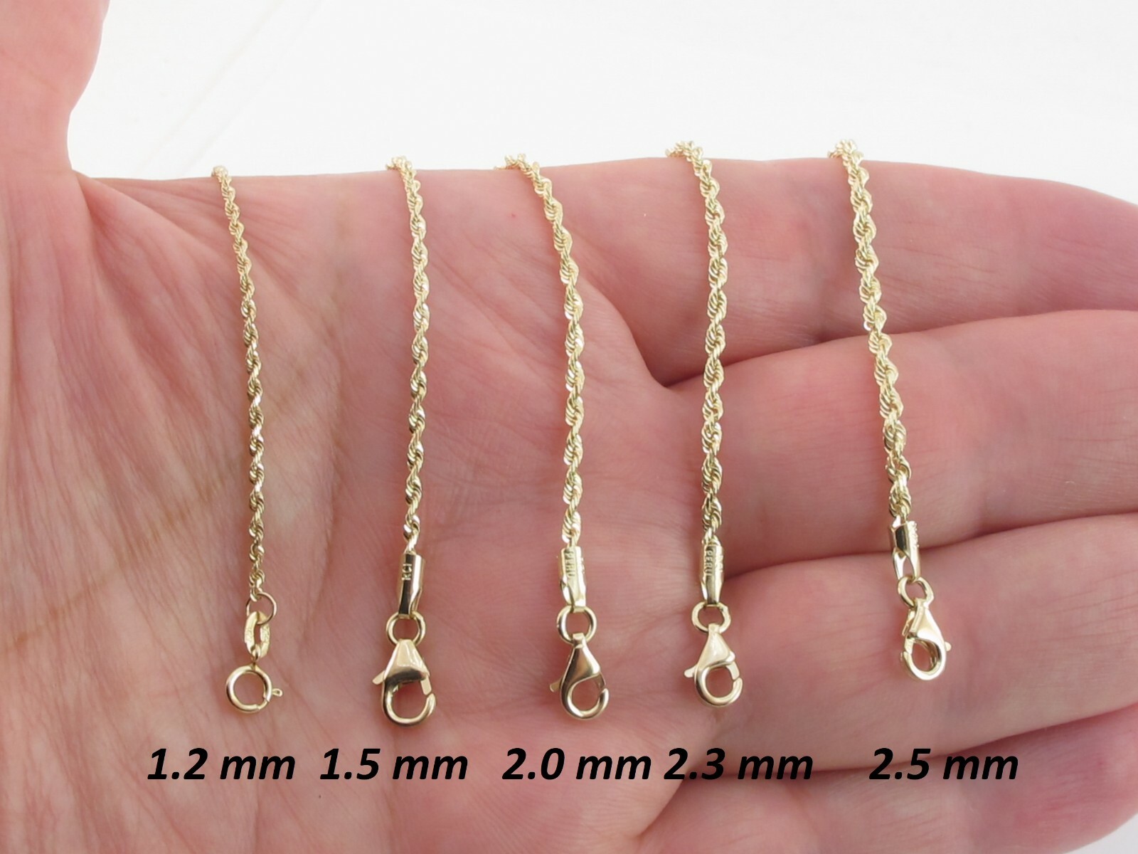 14k Solid Yellow Gold Diamond Cut Rope Chain 1.2 mm, 1.5 m, 2 m , 2.3 m , 2.5 mm