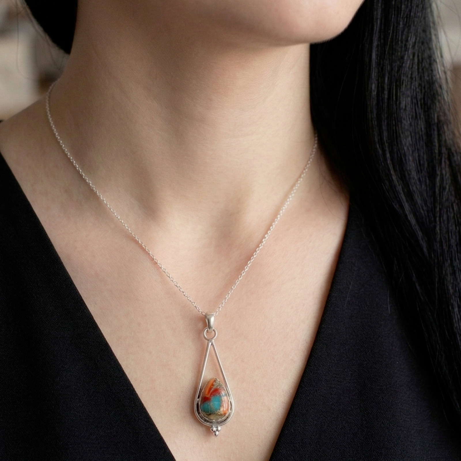 925 Sterling Silver Copper Turquoise Women Handmade Pendant