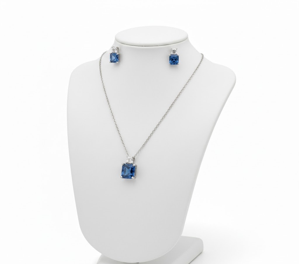 Lab Created Blue Sapphire Pendant Earring Set Everyday Wear 14k White GoldFinish