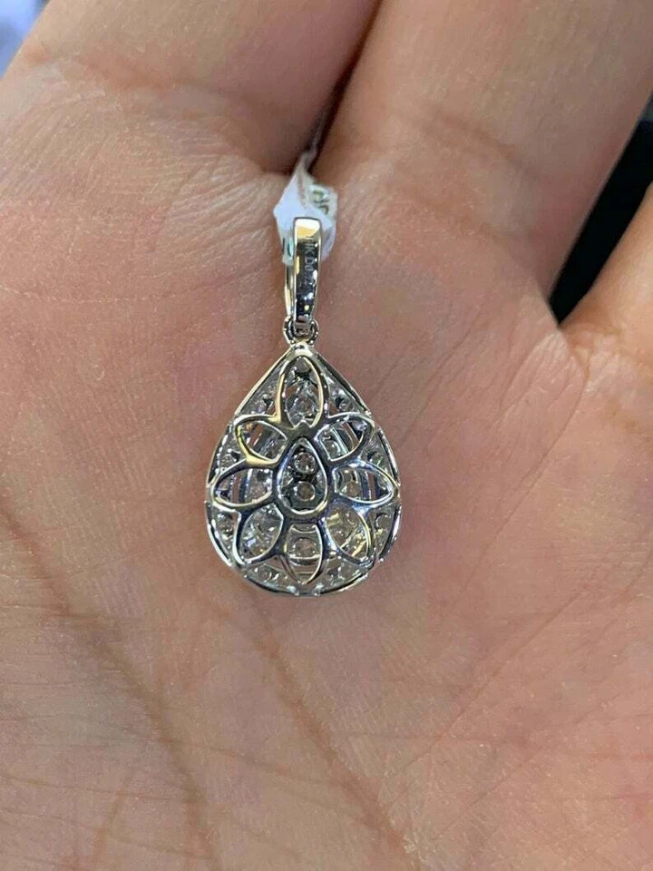 Delicated 1.50Ct Round Cut Diamond Pear Halo Shape Pendant 14k White Gold Finish