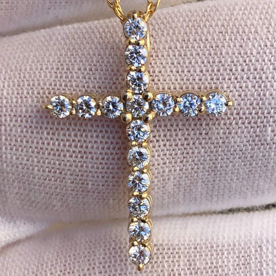 Lab Grown Diamond Real 14k Gold Cross Crucifix VS Pendant Necklace Near 1 Ct