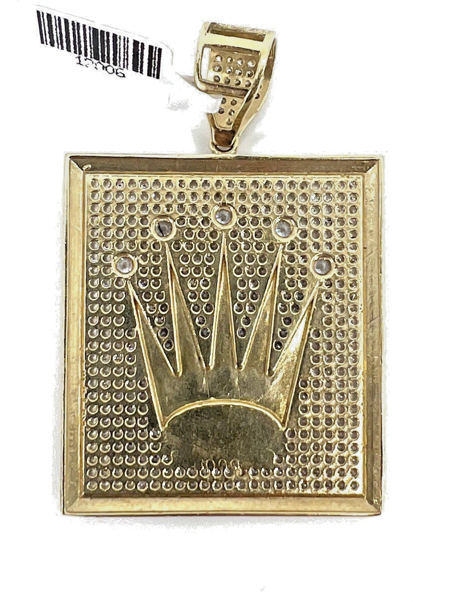 10K Yellow Gold Solid King Crown Pendant CZ Pave Square Frame Heavy Men’s OroAu