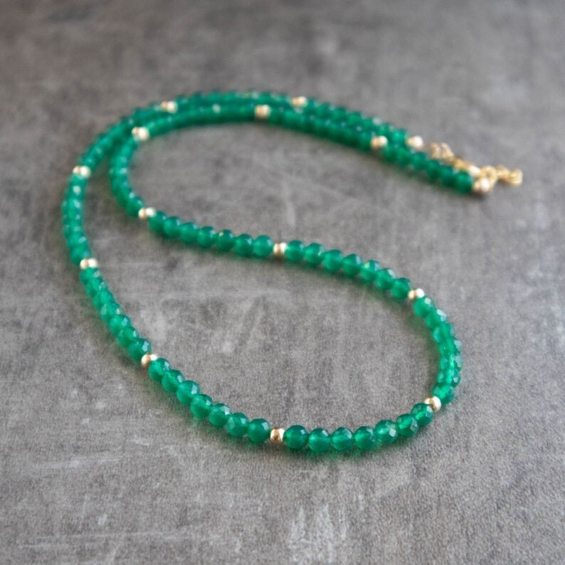 Beautiful Green Onyx Faceted Round 2-3MM Gemstone Beaded 18″ Handmade Necklace