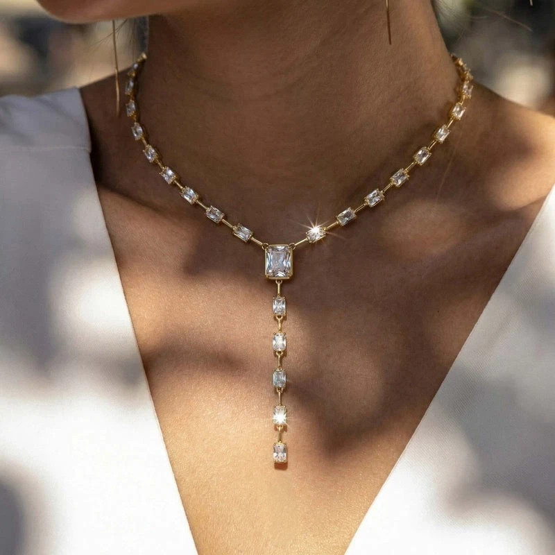 10CT Emerald Cut Lab Created Diamond Tennis Necklace 20″ 14K Yellow Gold Plated