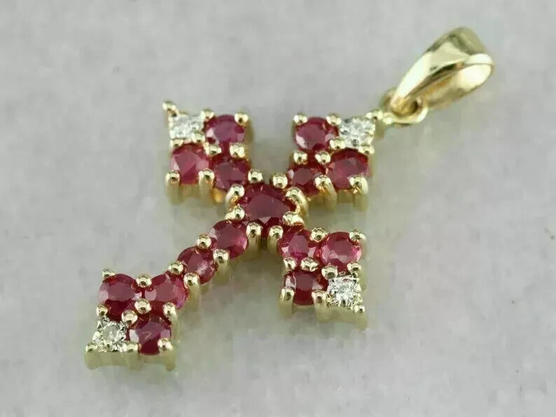 2.00 Ct Round Cut Red Ruby & Diamond Cross Pendant 14k Yellow Gold Over