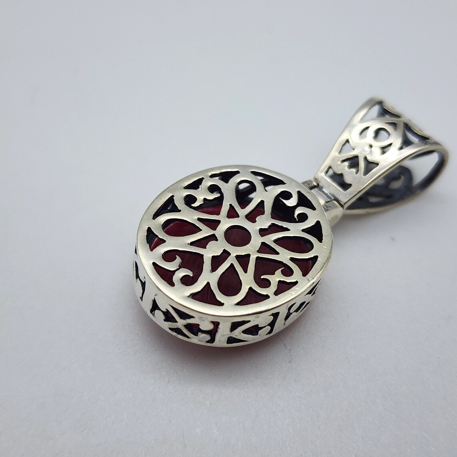 Sterling Silver 925 Red Plastic Resin – Open Work Asian Motif Pendant