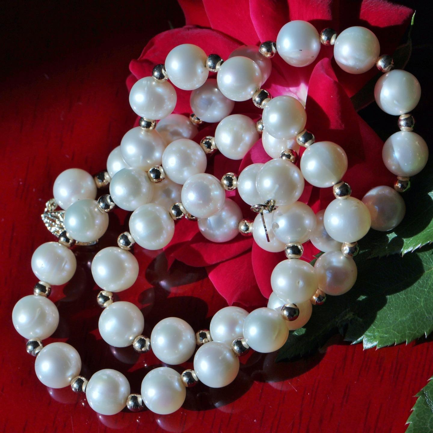 14k yellow gold necklace 7.5-7.8mm cultured pearls 18.0″ gold bead 26g