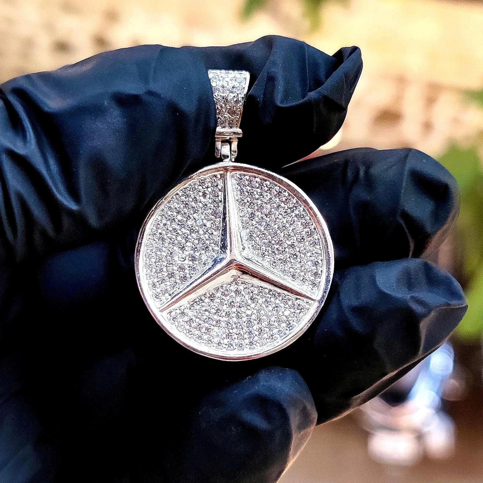 2.00Ct Round Cut Real Moissanite Hip Hop Mercedes Pendant 14K White Gold Plated