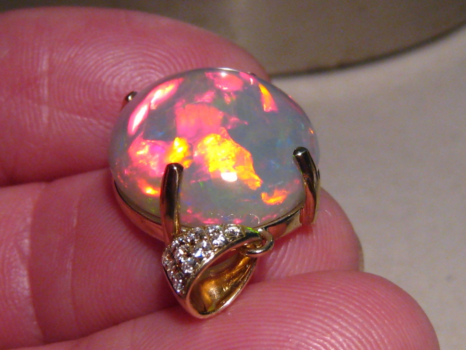 Large 16 ct. Ethiopian Opal and Diamond Pendant , 14 k Gold , Red Harlequin