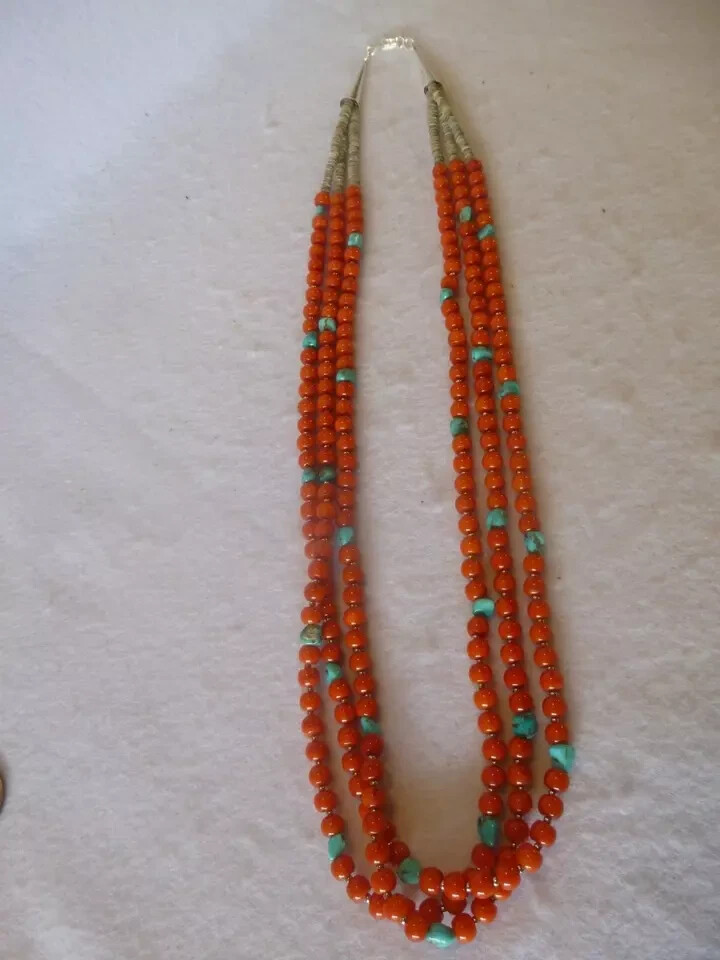 Coral/Turquoise Nuggets Native American Southwestern 925 Multi strand Necklace