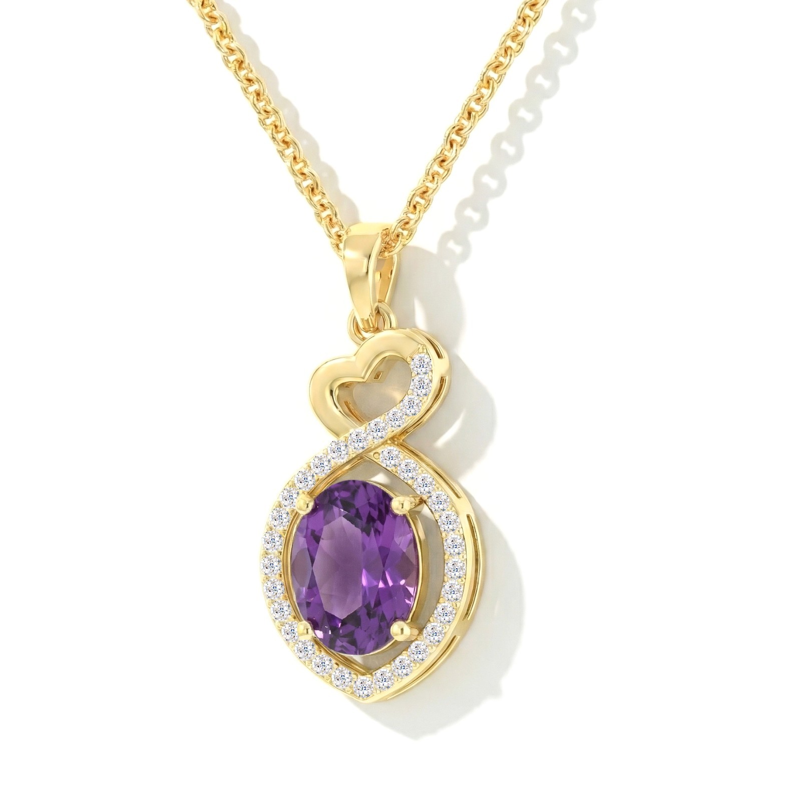 Natural Amethyst Pendant Necklace, Purple Gemstone Halo Heart Infinity Necklace