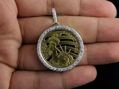 1.30Ct Lab Created Diamond Round Liberty Coin Pendant 14K Yellow Gold Plated