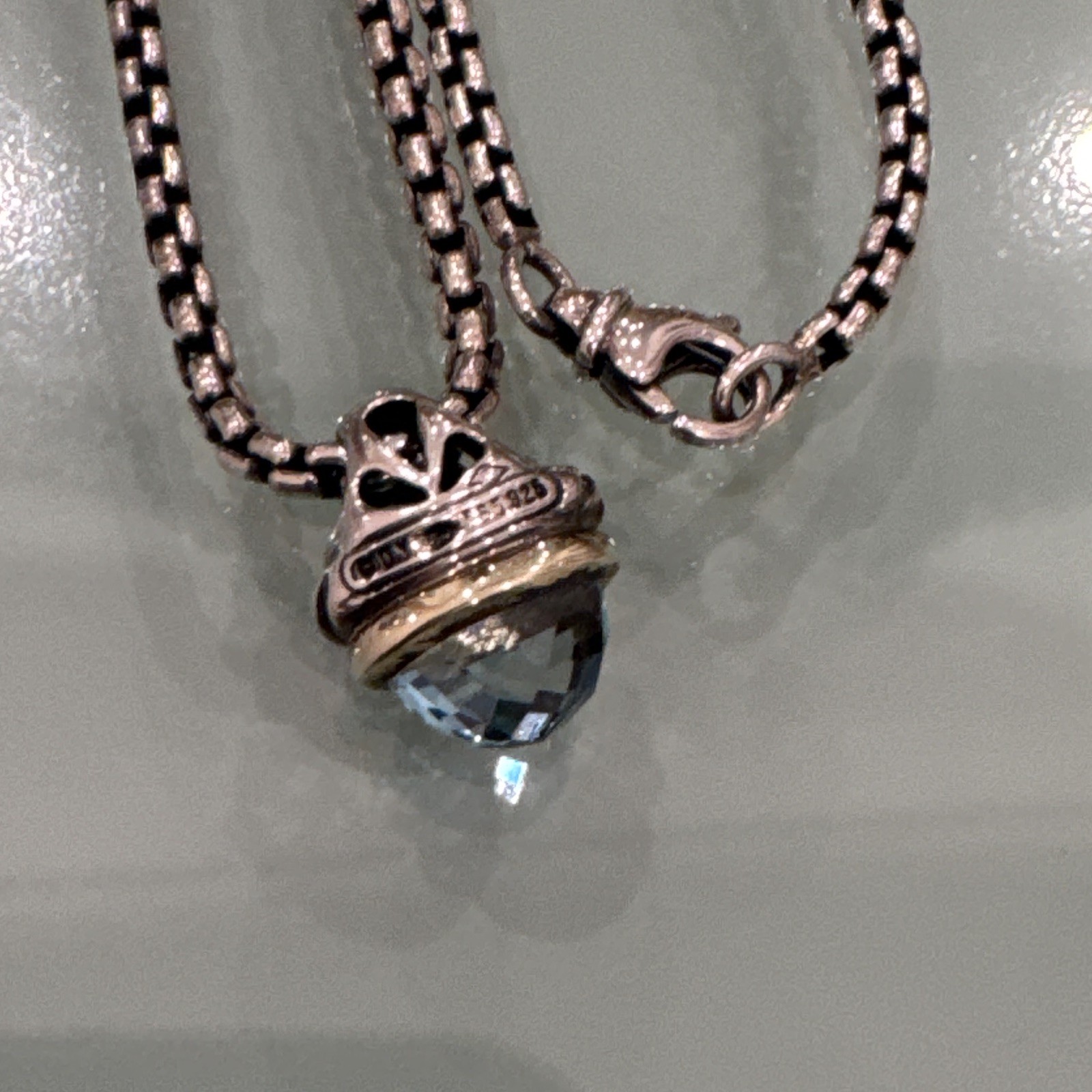 David Yurman Sterling Silver 14k Gold Aquamarine Acorn Pendant Necklace