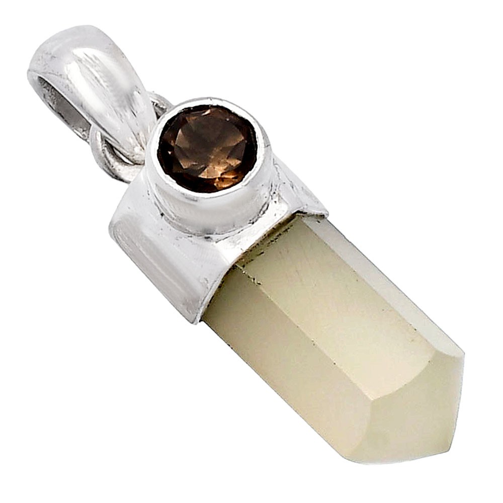 Milky Lemon Quartz Point & Smoky Quartz 925 Silver Pendant Jewelry P-1107