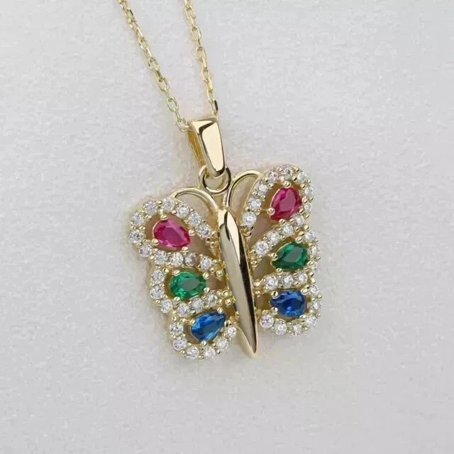 Lab Created Pear Cut Blue Sapphire Butterfly Pendant 14k White Gold Plated
