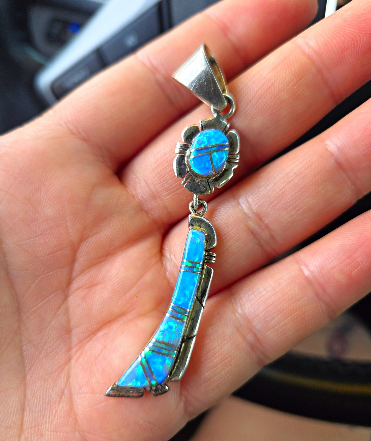 925 Sterling Silver Blue Opal Inlay Pendant, Silver Tone, Gemstone Jewelry