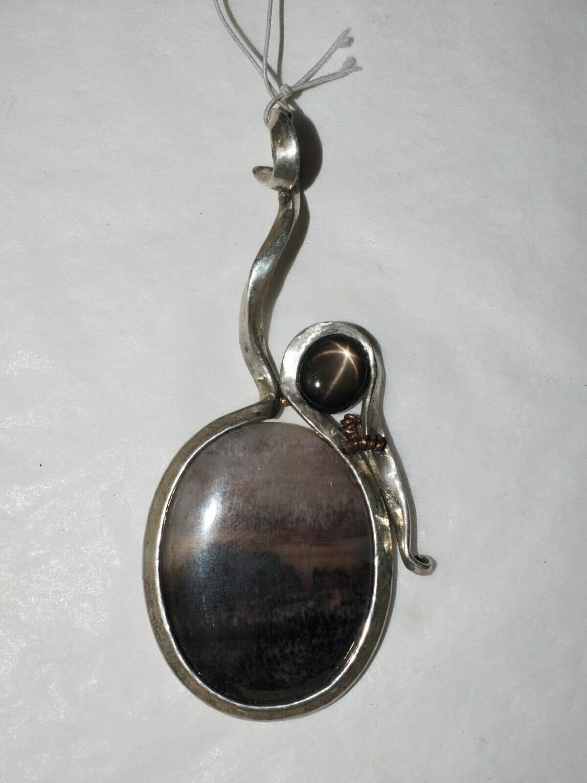 NICE Quality 27.9 ct Picture Agate with 6.6ct blk Star Sapphire Pendant Sterling