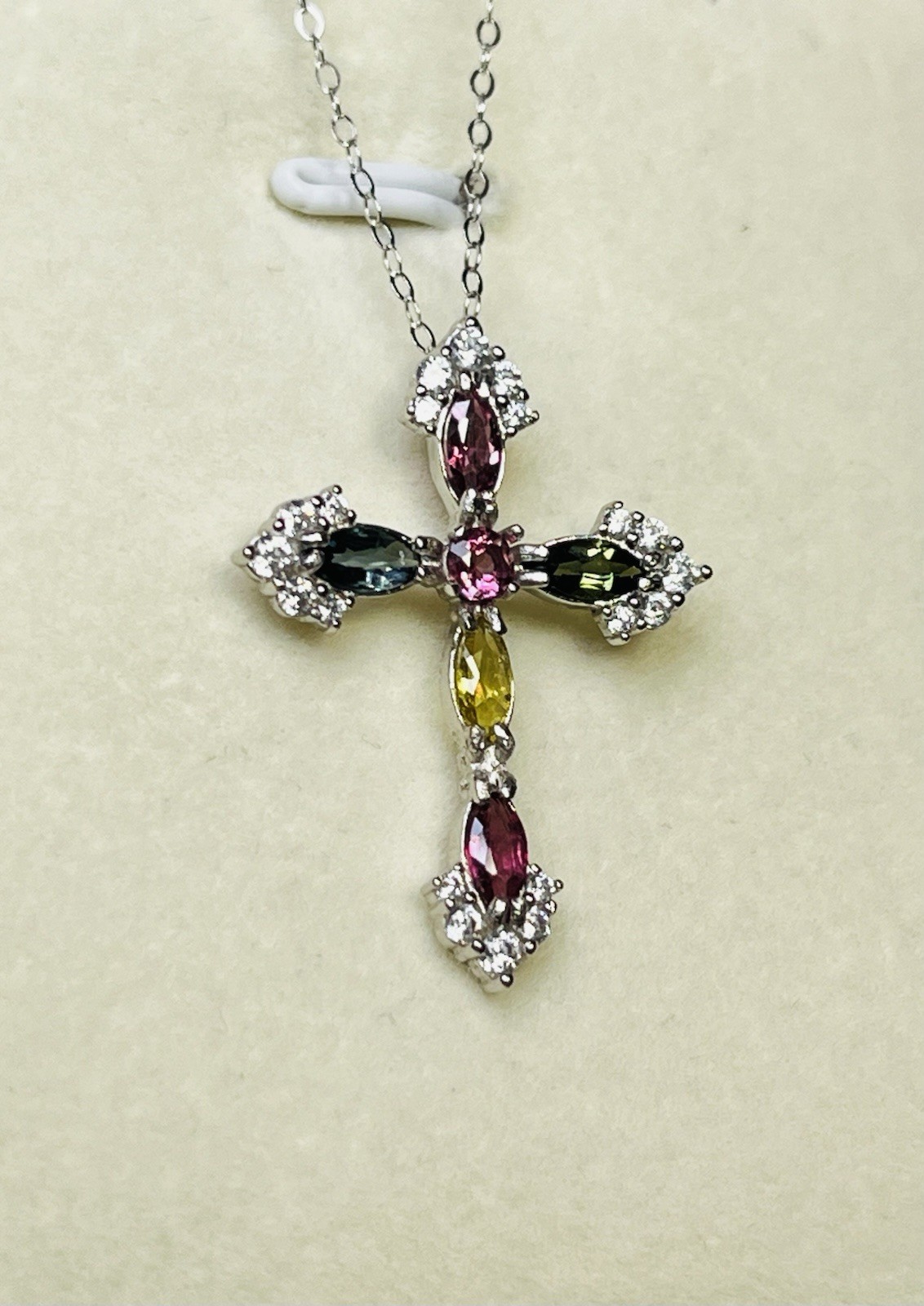 925 Sterling Silver Tourmaline Pink Green Blue Yellow Cross Pendant Necklace
