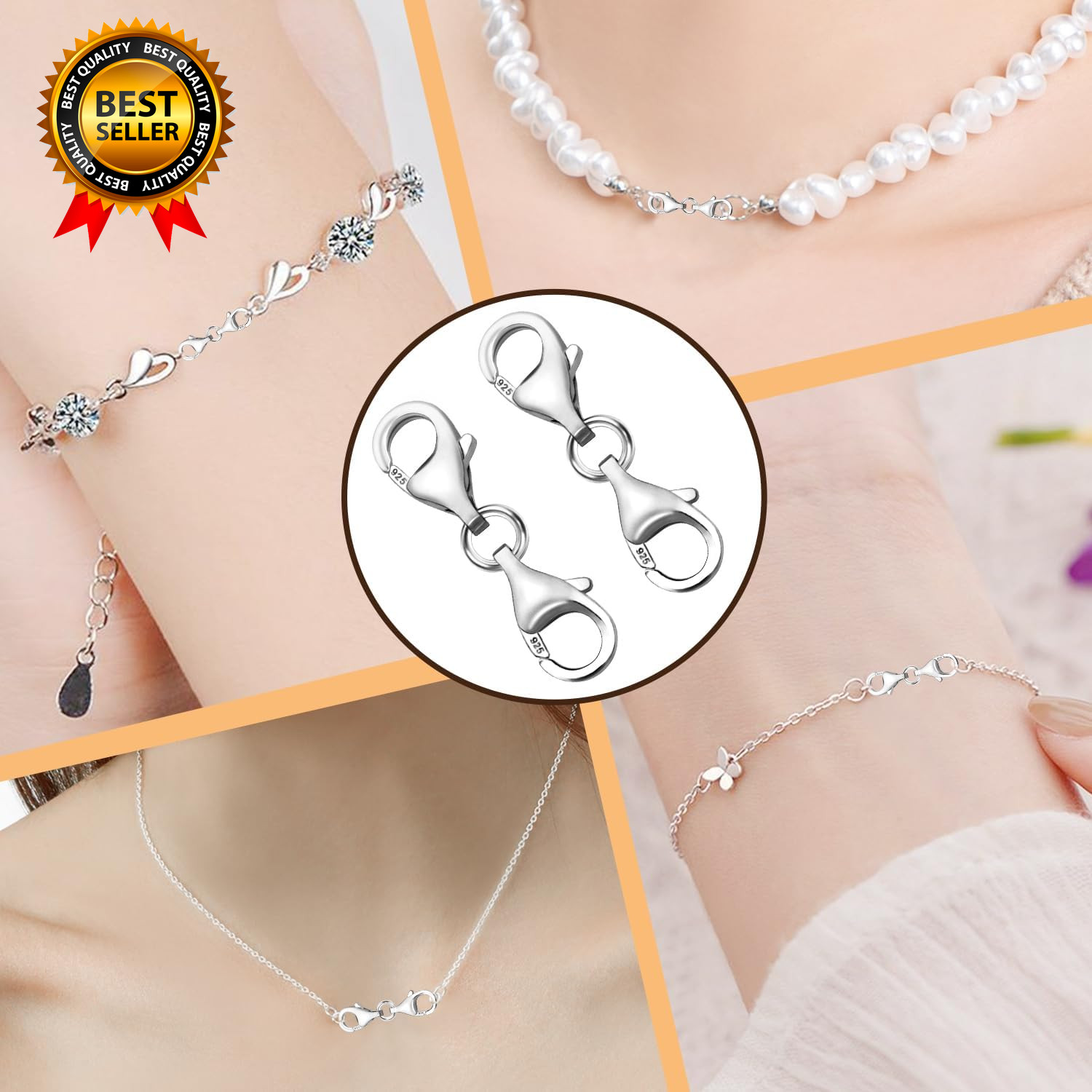 Double Lobster Clasp 925 Sterling Silver Necklace Extenders for Women 9Mm