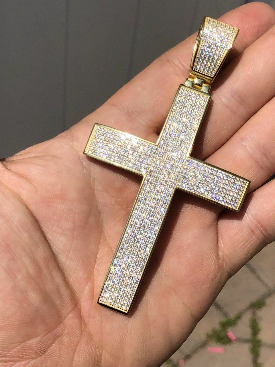 14k Gold Plated Solid 925 Silver Mens Large Cross CZ 3.25” BIG Hip Hop