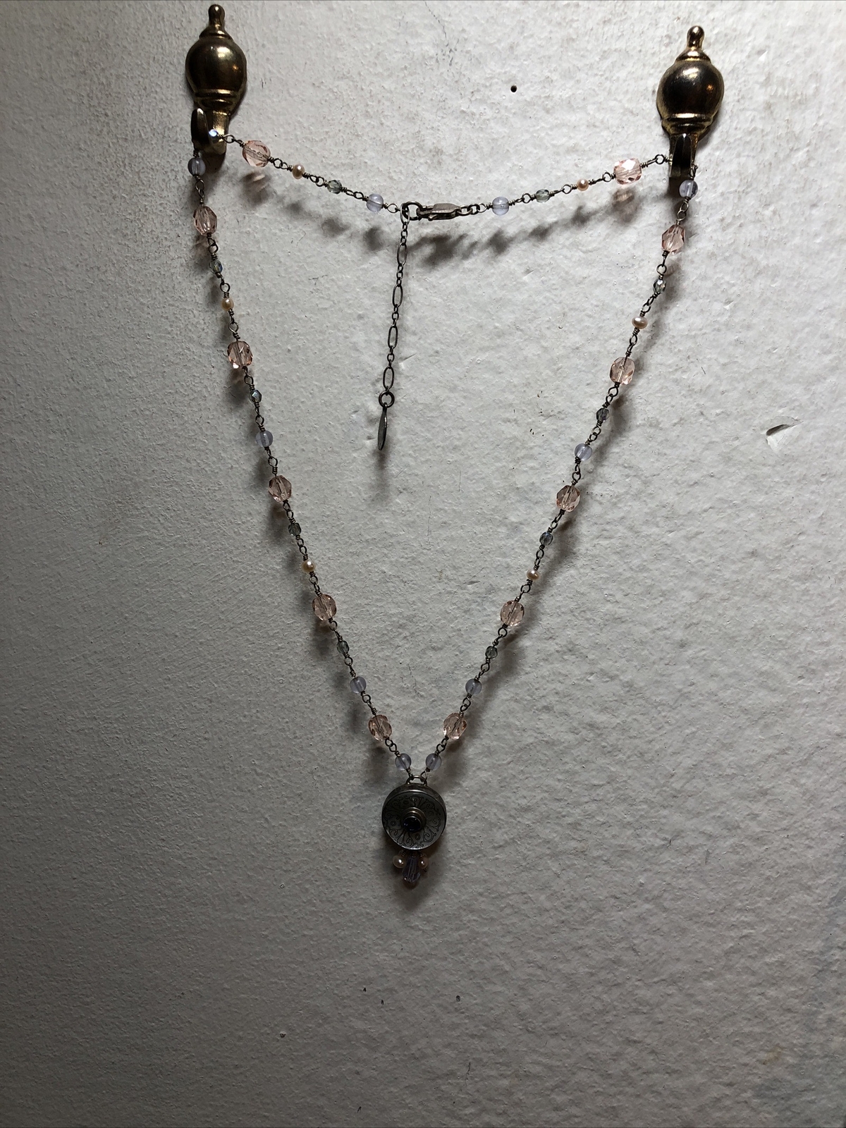 Vintage F.L.D. Sterling 925 Wire Wrap Glass Pearl MOP Pendant Amethyst Necklace