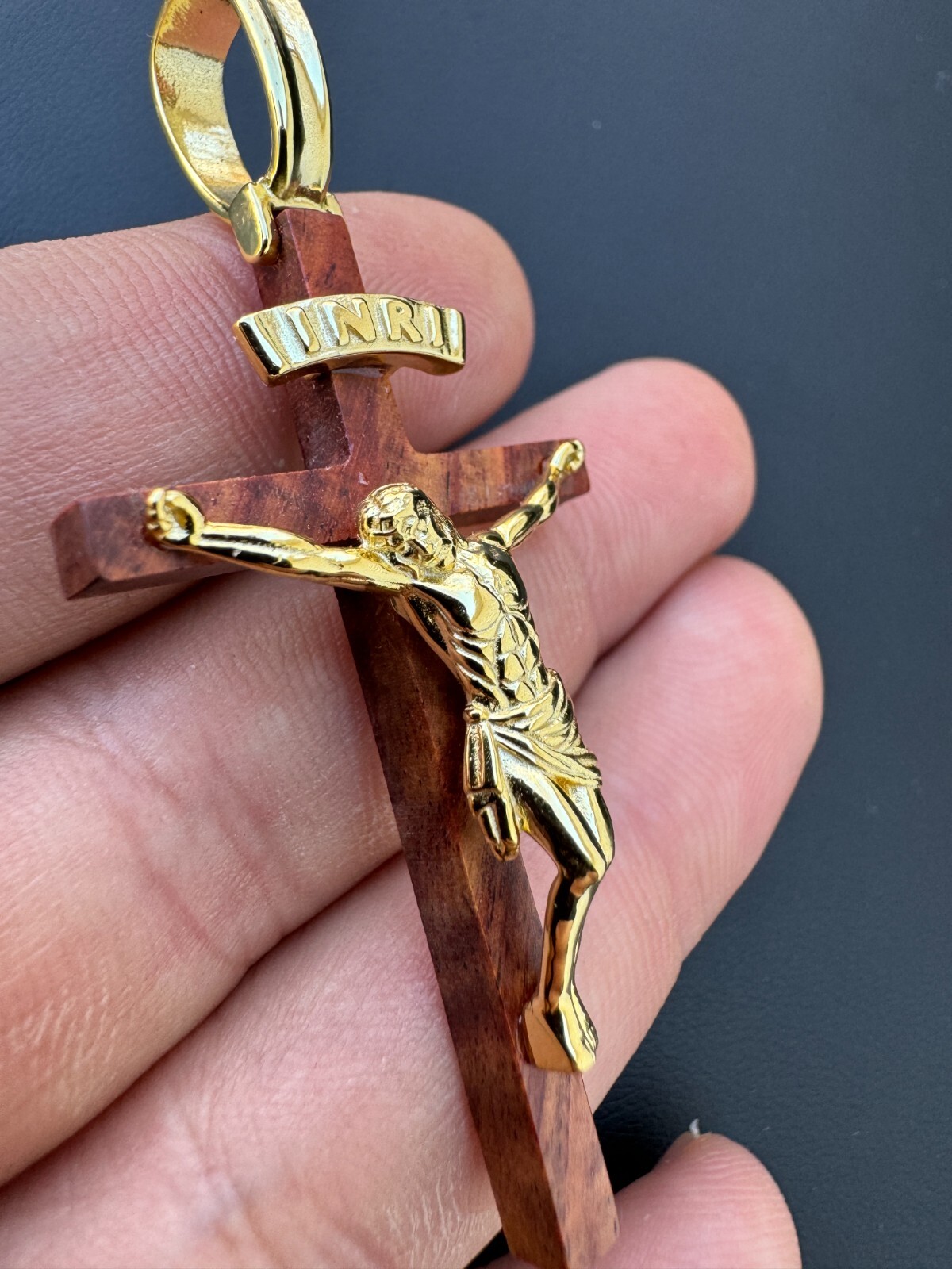 Mens Real 925 Silver & Red Cherry Walnut Wood Jesus On Cross Pendant Necklace 2″