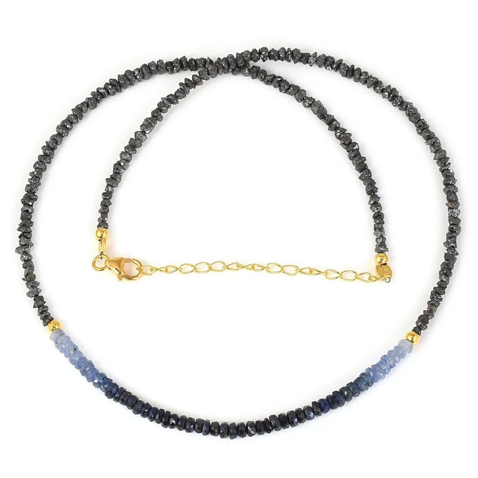 Natural Black Diamond And Blue Sapphire Beads Nuggets 925 Silver Strand Necklace