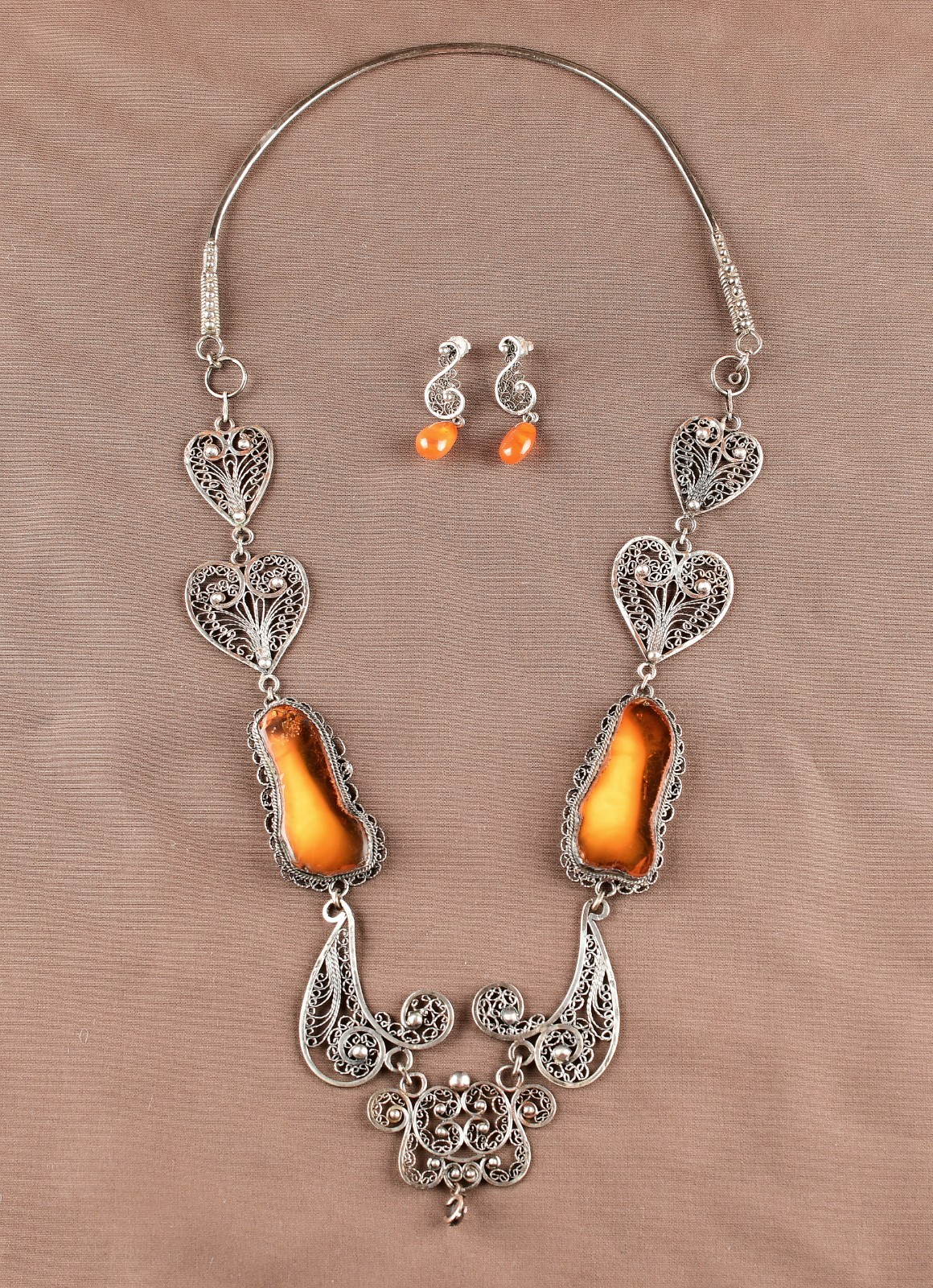 *Antique Filigree Amber And 999 German Silver Statement Necklace Earrings Set
