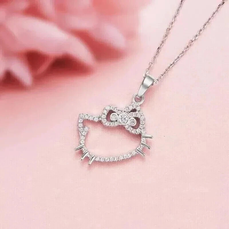 1.50Ct Round Lab Created Diamond Hello Kitty Cat Pendant 14K White Gold Plated