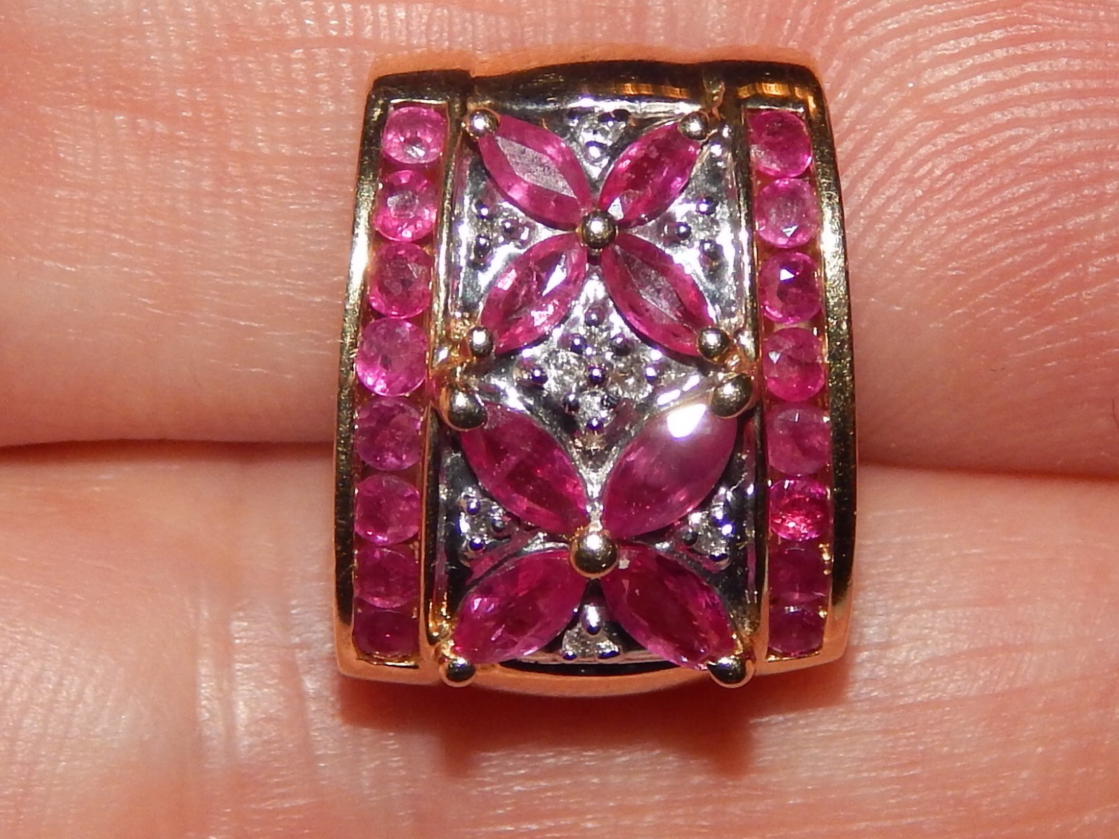 14K YELLOW GOLD RUBY & DIAMOND CHANNEL SET 7/10 INCH SLIDE NECKLACE PENDANT