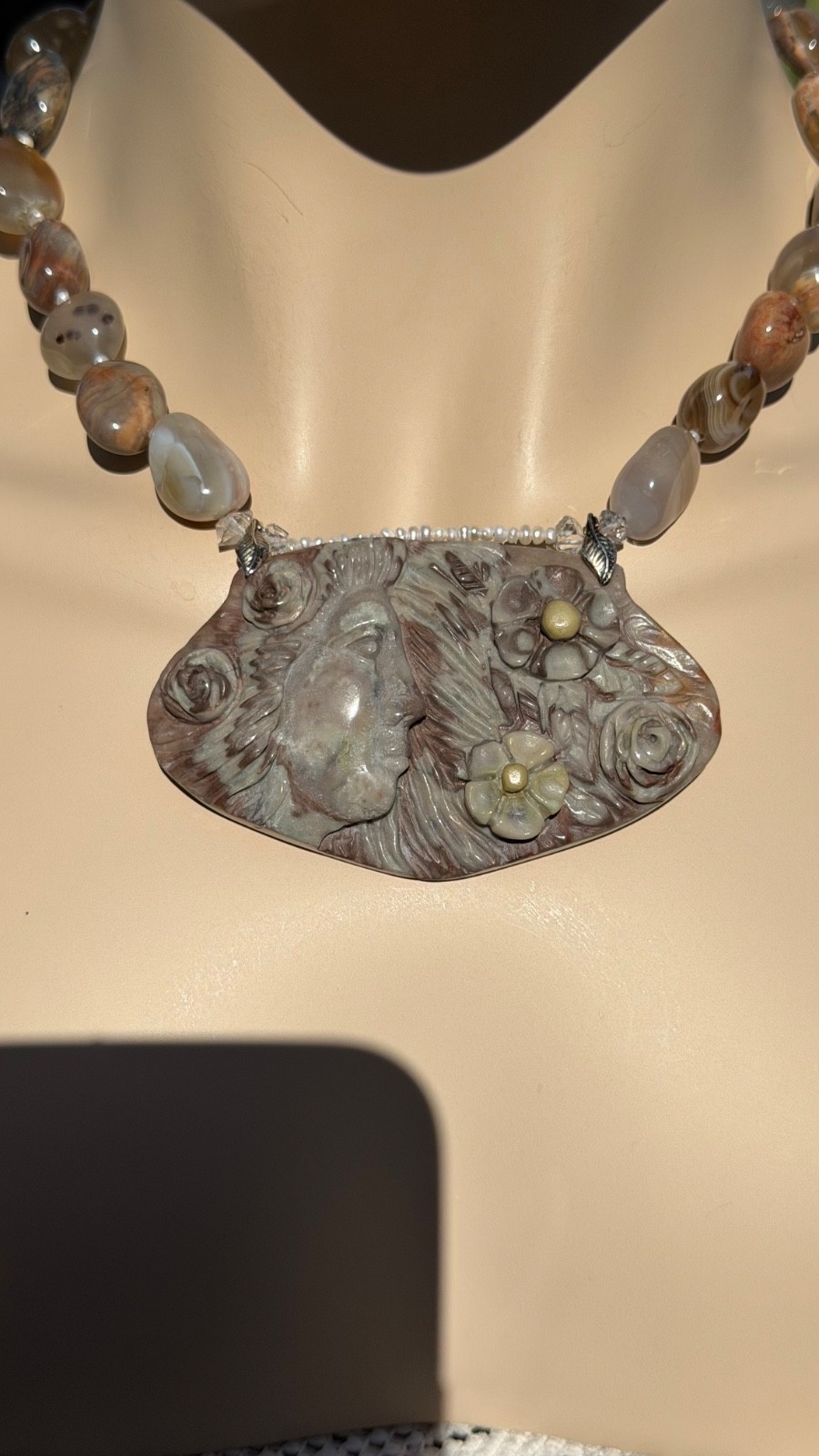 HAND CARVED EARTH MOTHER POLYCHROME JASPER PENDANT NECKLACE AND EARRING SET